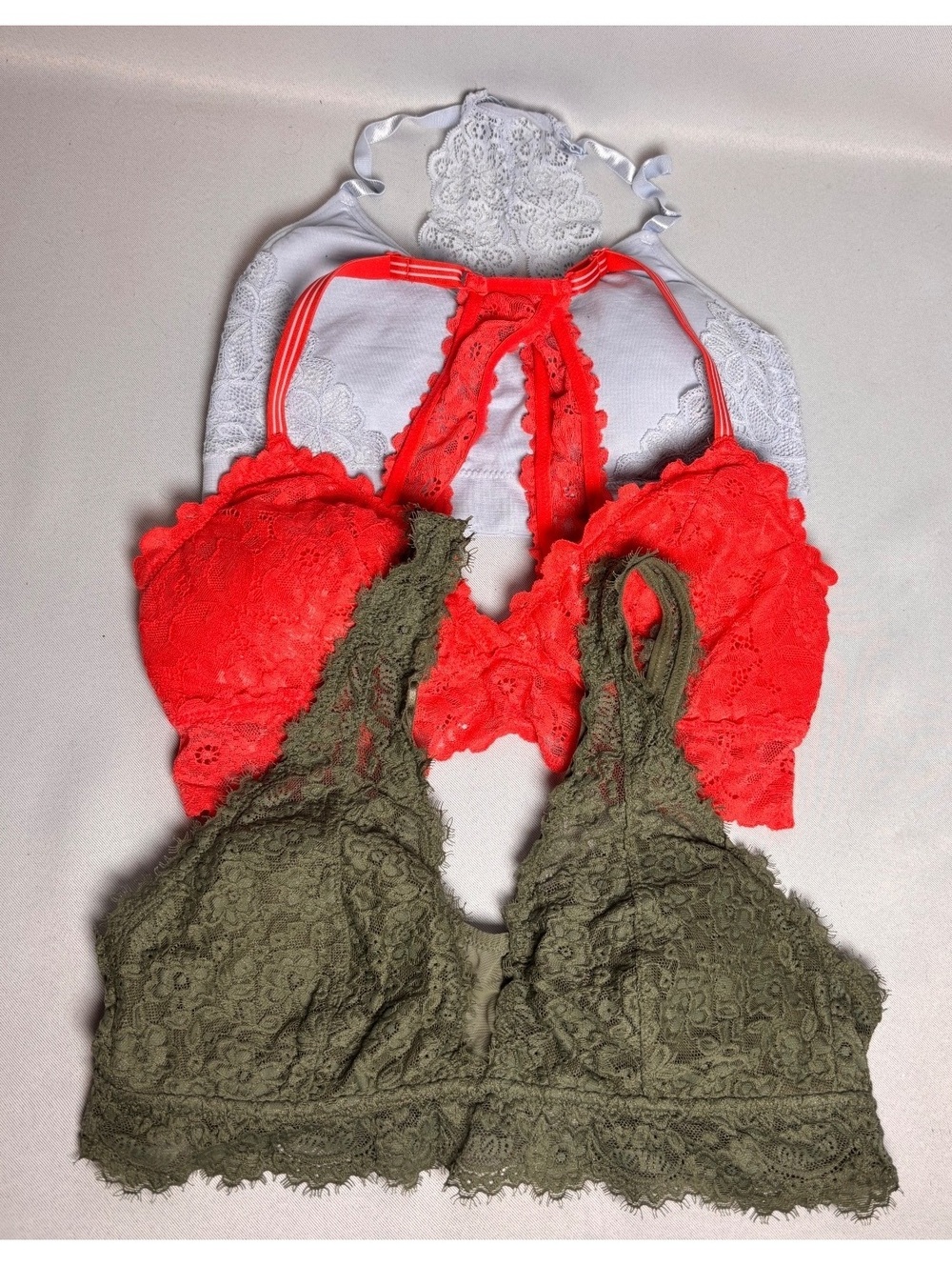 Set of 3 Lace Bralettes by Nautica & Aerie - Light Blue/Gray, Olive, & Coral Red